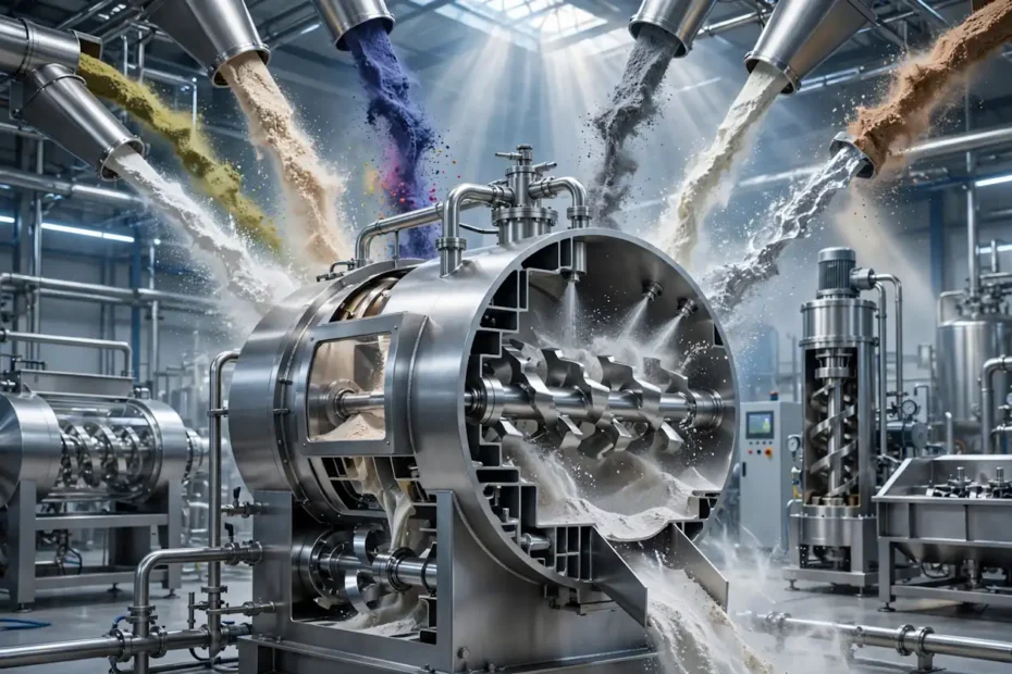Industrial powder mixer guide featuring Plough Shear Mixer and industrial powder mixing equipment